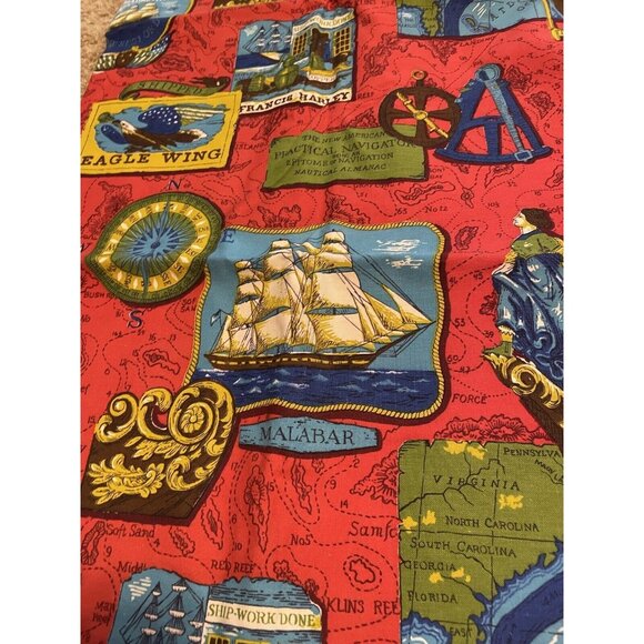 70s Kitsch Nautical Ship Navigation Map Fabric Red with backing 2 yards x 42" - Picture 2 of 4